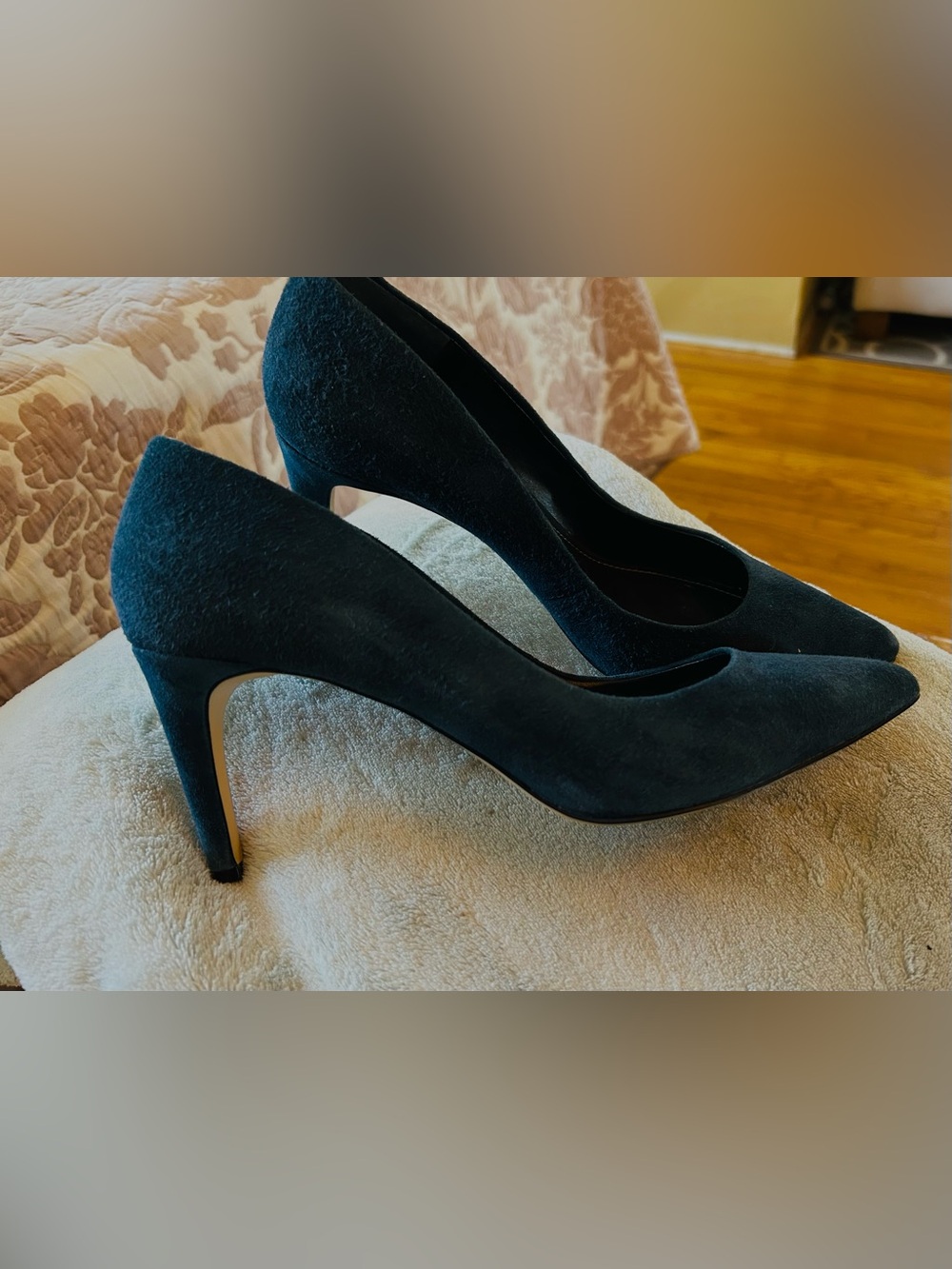 Classic Women's Pointed Toe Suede Pumps in blue.